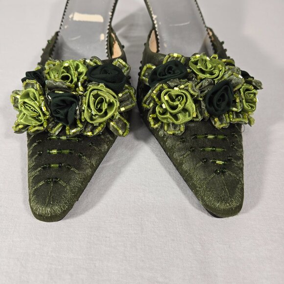 Vintage Y2K Hipster Fairy Hunter Green Floral Beaded Pointed Toe Mules Size 11M. - Picture 5 of 17